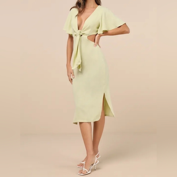 Lulus Women's Summer Journey Light Green Tie-Front Cutout Midi Dress, NWOT, MED - Picture 3 of 13